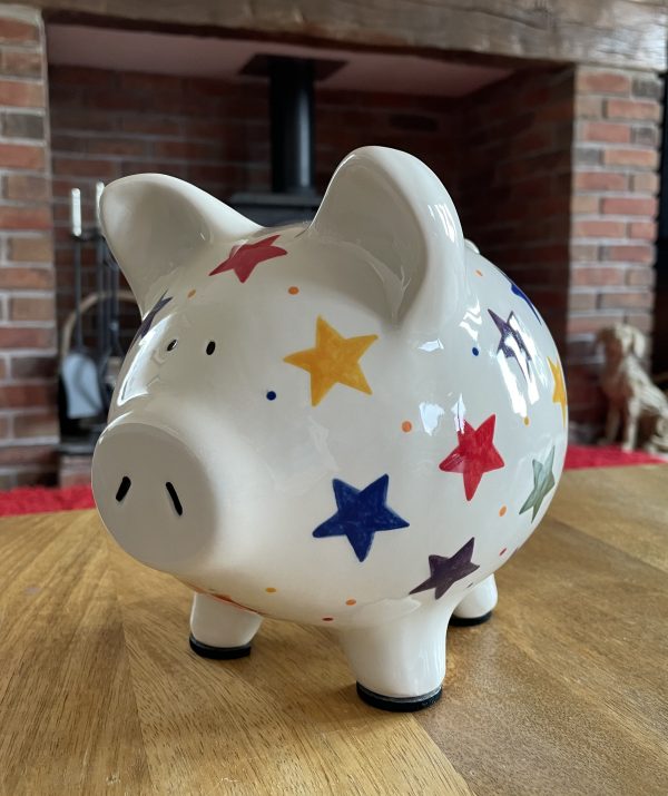 Hand Painted Piggy Bank, Multicoloured Stars, Ceramic Pottery, Gifts for Children, Baptism, Christening, Large - Image 5
