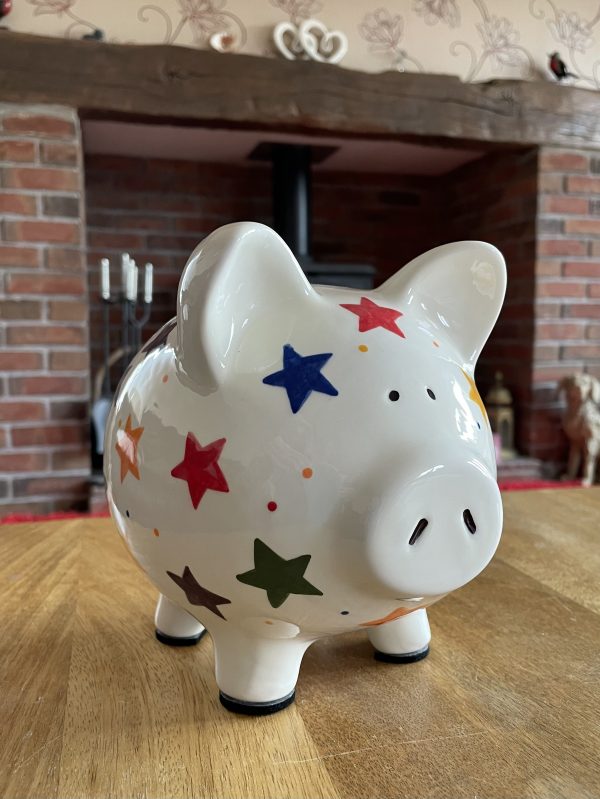 Hand Painted Piggy Bank, Multicoloured Stars, Ceramic Pottery, Gifts for Children, Baptism, Christening, Large - Image 2