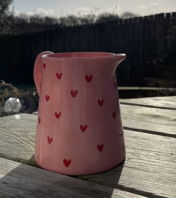 Hand Painted, Small, Pink, Jug, Red Hearts, Ceramic, Pottery, Gifts for Friends and Family - Image 2
