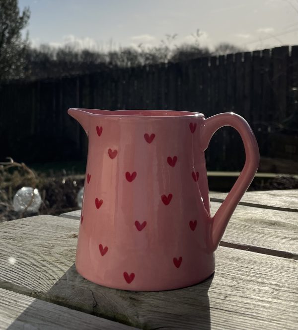 Hand Painted, Small, Pink, Jug, Red Hearts, Ceramic, Pottery, Gifts for Friends and Family