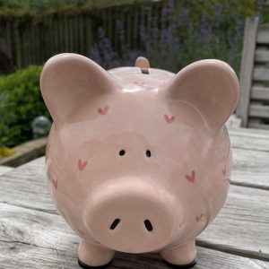 Hand Painted, Piggy Bank, Light Pink, Pink Hearts, Ceramic, Pottery, Gifts, Children, Baptism, Christening, Large