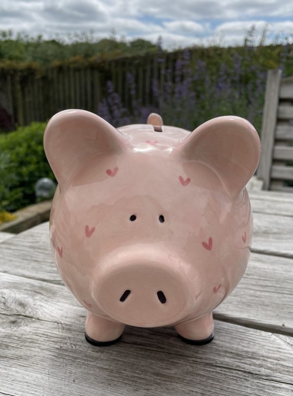 Hand Painted, Piggy Bank, Light Pink, Pink Hearts, Ceramic, Pottery, Gifts, Children, Baptism, Christening, Large