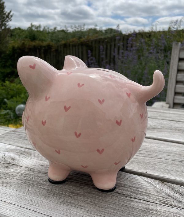 Hand Painted, Piggy Bank, Light Pink, Pink Hearts, Ceramic, Pottery, Gifts, Children, Baptism, Christening, Large - Image 3