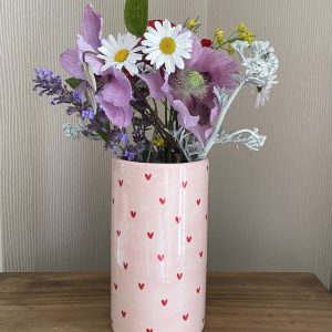 Hand Painted, Light Pink Vase, Red Sweethearts, Cylinder Shape, 19cm, Ceramic,
