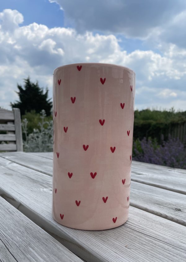 Hand Painted, Light Pink Vase, Red Sweethearts, Cylinder Shape, 19cm, Ceramic, - Image 2