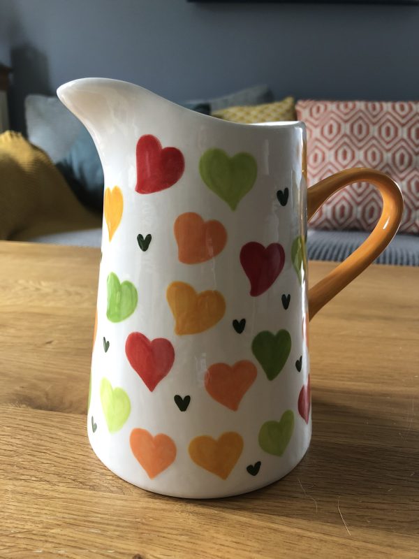 Hand Painted, Orange, Yellow, Green, Red, Big Heart, Jug. Medium, Ceramic, Pottery, Gifts for Friends and Family