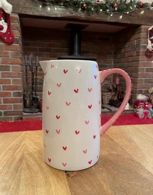 Large, Hand Painted, White, Red and Pink Sweetheart Design Jug,  Ceramic, Pottery, Gifts for Friends and Family