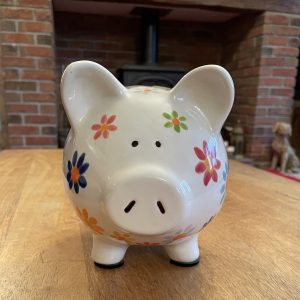 Floral Piggy Bank. White, Hand Painted, Ceramic, Pottery, Large. Gifts, Children, Adults, Birthday, Fun