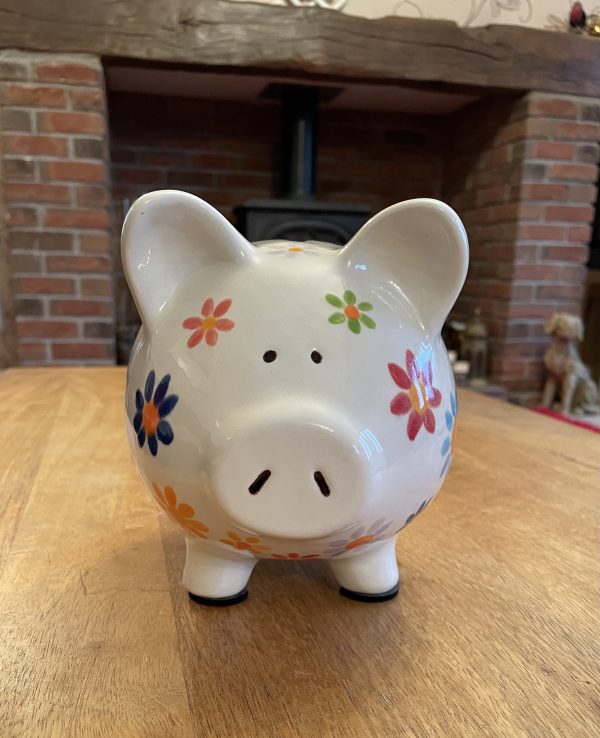 Floral Piggy Bank. White, Hand Painted, Ceramic, Pottery, Large. Gifts, Children, Adults, Birthday, Fun