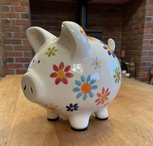 Floral Piggy Bank. White, Hand Painted, Ceramic, Pottery, Large. Gifts, Children, Adults, Birthday, Fun - Image 2