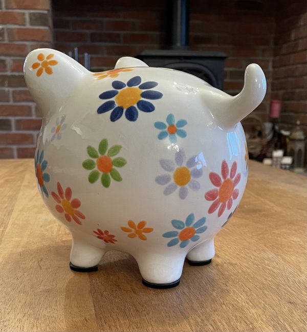 Floral Piggy Bank. White, Hand Painted, Ceramic, Pottery, Large. Gifts, Children, Adults, Birthday, Fun - Image 3