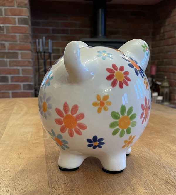 Floral Piggy Bank. White, Hand Painted, Ceramic, Pottery, Large. Gifts, Children, Adults, Birthday, Fun - Image 4
