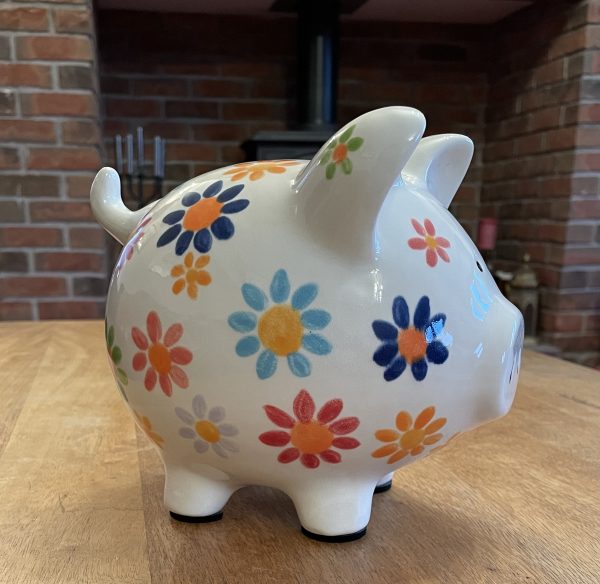 Floral Piggy Bank. White, Hand Painted, Ceramic, Pottery, Large. Gifts, Children, Adults, Birthday, Fun - Image 5