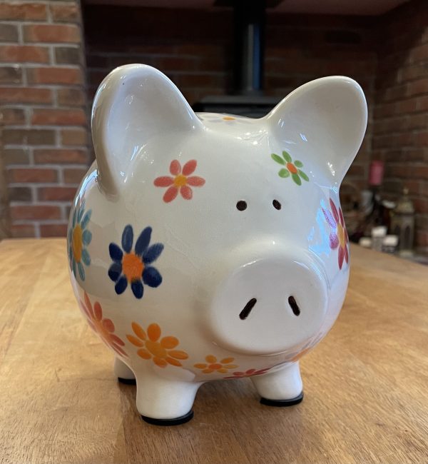 Floral Piggy Bank. White, Hand Painted, Ceramic, Pottery, Large. Gifts, Children, Adults, Birthday, Fun - Image 6