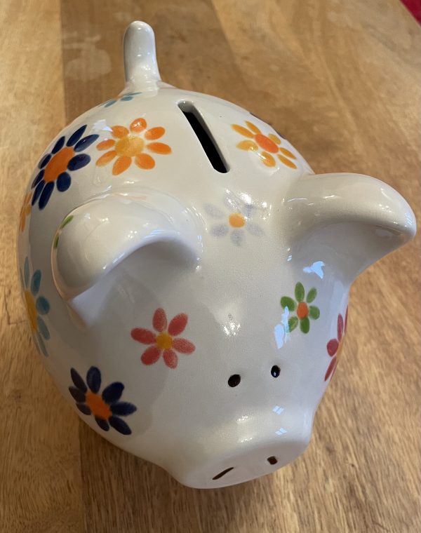 Floral Piggy Bank. White, Hand Painted, Ceramic, Pottery, Large. Gifts, Children, Adults, Birthday, Fun - Image 7