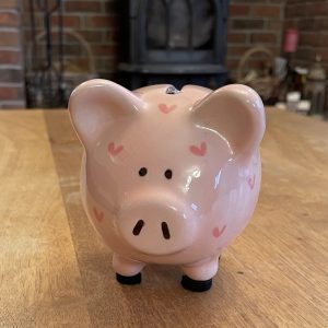 Hand Painted, Piggy Bank, Small, Light Pink, Pink Hearts, Ceramic, Pottery, Gifts, Children, Birthday, Fun