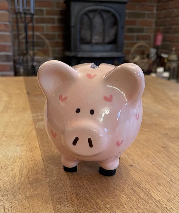 Hand Painted, Piggy Bank, Small, Light Pink, Pink Hearts, Ceramic, Pottery, Gifts, Children, Birthday, Fun