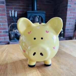 Yellow Piggy Bank, Pink and White Hearts. Hand Painted, Medium, Ceramic, Pottery, Gifts, Children, Christening, Birthday
