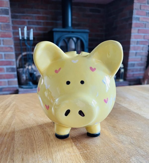 Yellow Piggy Bank, Pink and White Hearts. Hand Painted, Medium, Ceramic, Pottery, Gifts, Children, Christening, Birthday