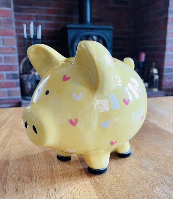 Yellow Piggy Bank, Pink and White Hearts. Hand Painted, Medium, Ceramic, Pottery, Gifts, Children, Christening, Birthday - Image 3