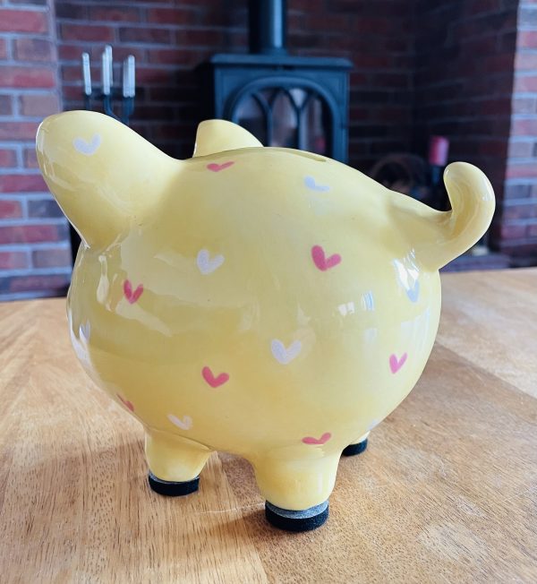 Yellow Piggy Bank, Pink and White Hearts. Hand Painted, Medium, Ceramic, Pottery, Gifts, Children, Christening, Birthday - Image 4