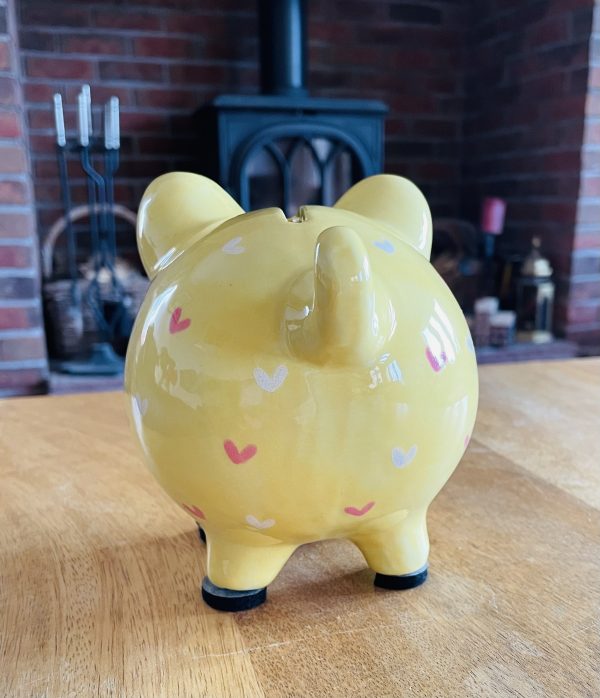Yellow Piggy Bank, Pink and White Hearts. Hand Painted, Medium, Ceramic, Pottery, Gifts, Children, Christening, Birthday - Image 5