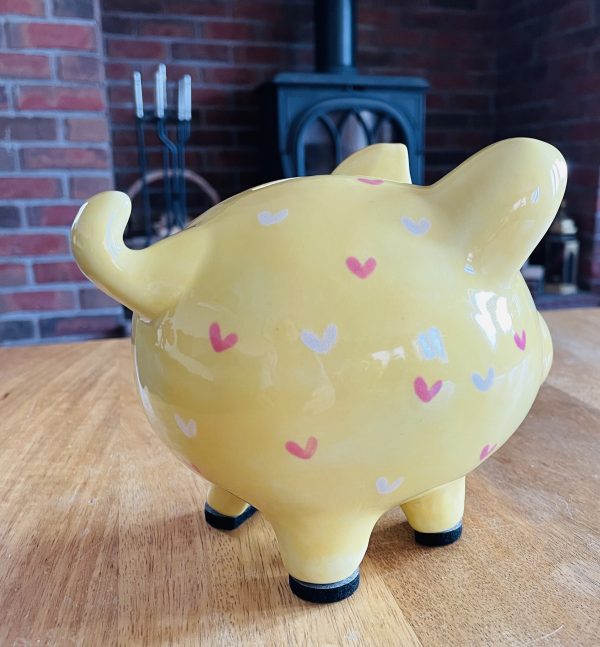 Yellow Piggy Bank, Pink and White Hearts. Hand Painted, Medium, Ceramic, Pottery, Gifts, Children, Christening, Birthday - Image 7