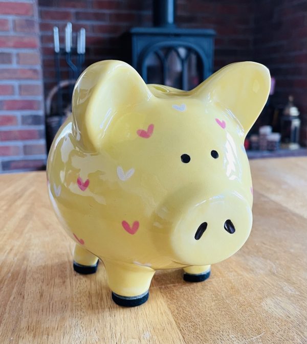 Yellow Piggy Bank, Pink and White Hearts. Hand Painted, Medium, Ceramic, Pottery, Gifts, Children, Christening, Birthday - Image 6